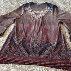 ONE WORLD Tan Graphic Tunic with Relaxed Three-Quarter Sleeves